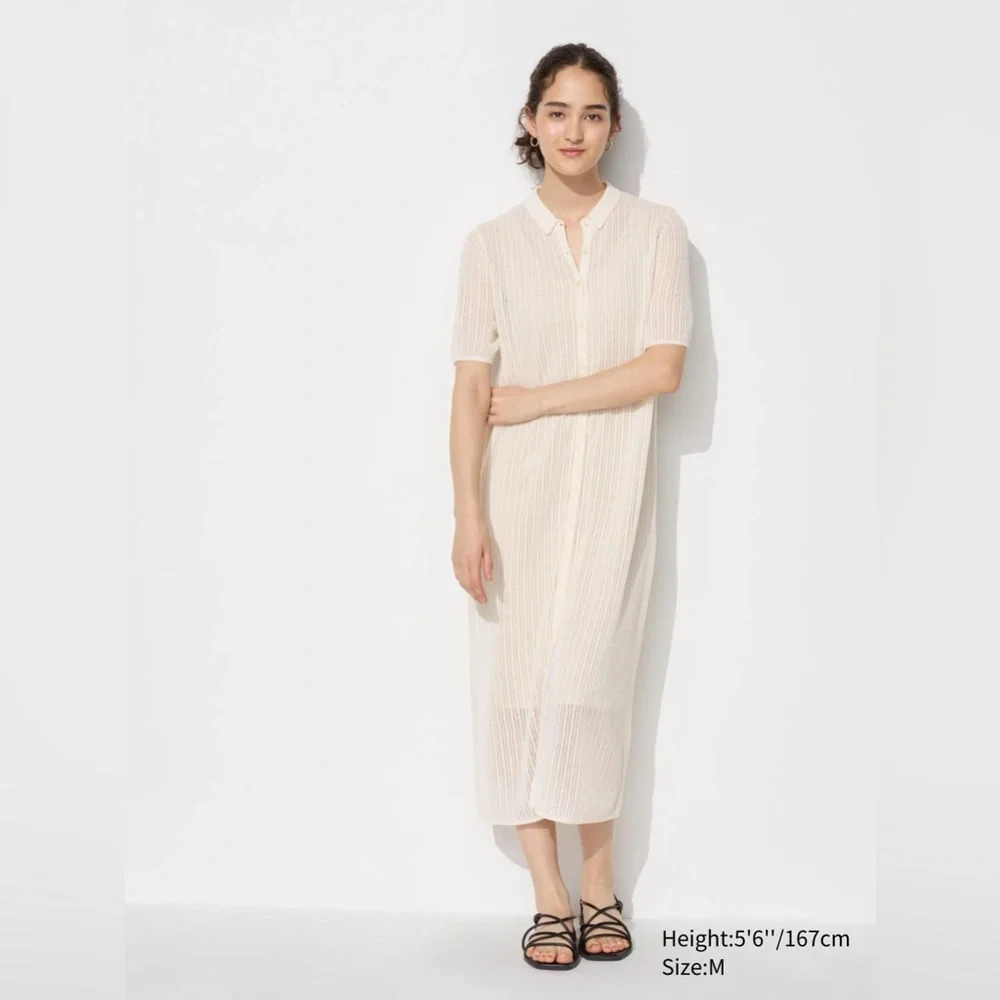 Uniqlo Cream Lace Knit Short Sleeve Dress, size large - Picture 1 of 12